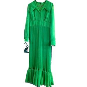 Vtg 70s Green Chiffon Accordion Pleat Ruffle Formal Maxi Hostess Dress Gown XL
